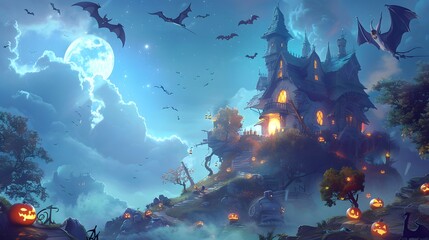 Spooky Halloween wallpaper with a haunted house, eerie ghosts, and flying bats
