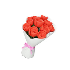 Red rose white and gold bouquet 3d icon, cartoon rendering, Isolated on Transparent Background, Valentine 3d icon, PNG