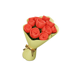 Red rose white and gold bouquet 3d icon, cartoon rendering, Isolated on Transparent Background, Valentine 3d icon, PNG