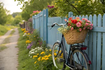 Fototapete Rund depiction of a vintage bicycle with a basket of flowers, standing alone on wooden fence © NoorAfida