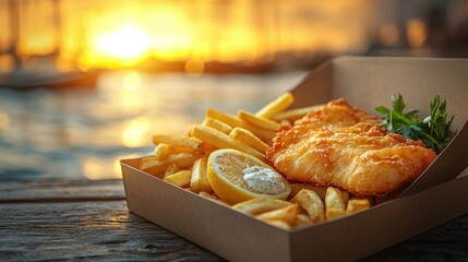 Golden Sunset Fish and Chips by the Sea