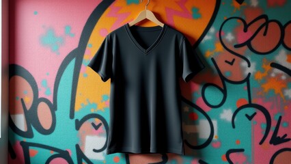 Obraz premium 3D T-Shirt Mockup with V-Neck, Graffiti wall detailed 3D black V-neck T-shirt hanging photorealistic.