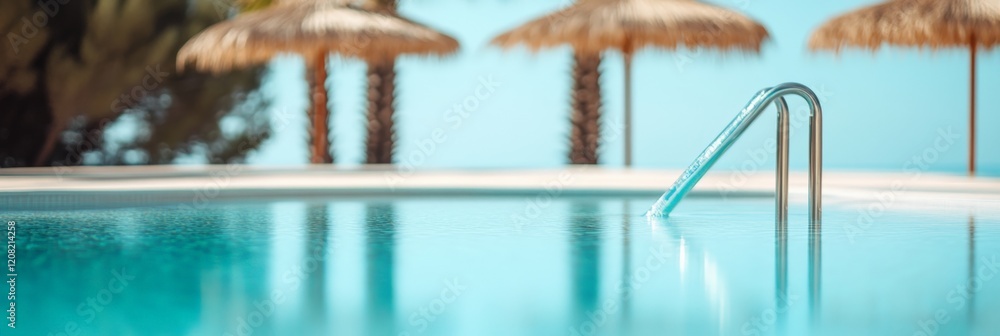 Poster metal grab bars inviting swimmers into the refreshing turquoise water of a tropical resort pool, sur