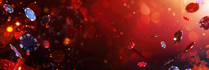 falling colorful poker chips, gambling, horizontal casino banner, shining bright abstract red background, glitter and radiance, copy space, free space for text