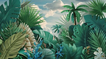 Tropical wallpaper, Tropic trees and leaves, wallpaper design for digital printing- 3d illustration