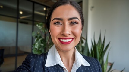 A young Hispanic woman in a pinstriped suit smiles confidently in a modern office setting, showcasing her vibrant red lipstick and professional demeanor.