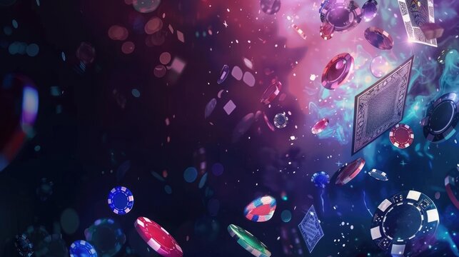 falling multicolored poker chips and cards, gambling, horizontal banner for casino, shining bright abstract black blue purple Violet background, glitter and radiance, copy space, free space for text