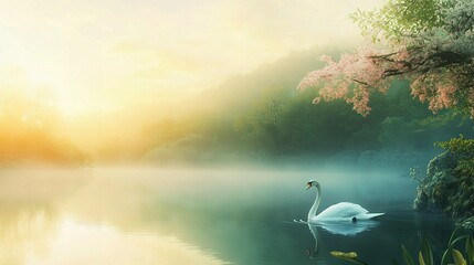 Elegant Swan Gliding Gracefully Across Misty Pond at Sunrise