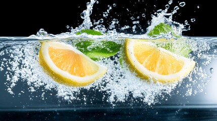 Vibrant lemon lime slices splash playfully in water bright studio lighting. AI Generated