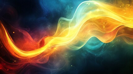 Obraz premium A vibrant abstract composition with flowing waves of orange, yellow, and blue hues radiating energy and movement.