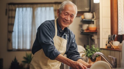 Smiling elderly Asian man in a blue shirt and apron joyfully washing dishes in a cozy kitchen filled with natural light.