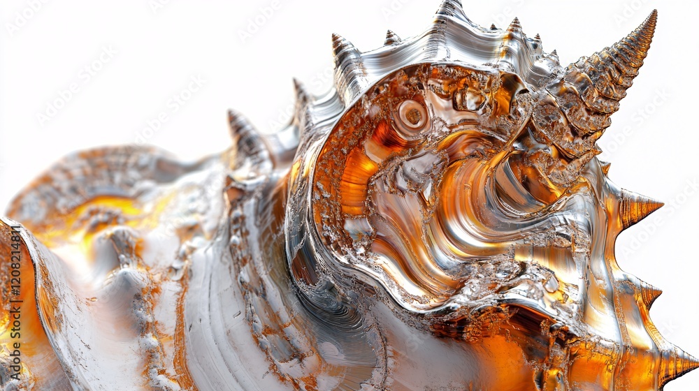 Poster intricate close-up of a beautifully textured seashell with a metallic sheen and sharp spines, evokin