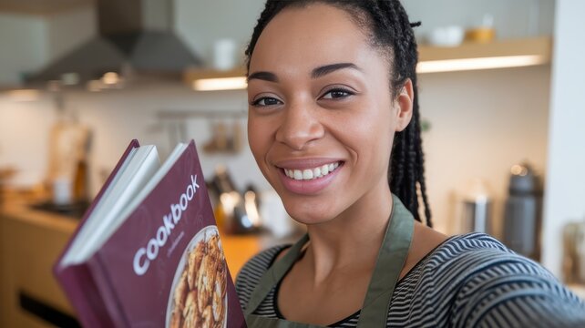 A cheerful Black woman in her 30s holds a cookbook while smiling in a modern kitchen, showcasing her passion for cooking and baking.