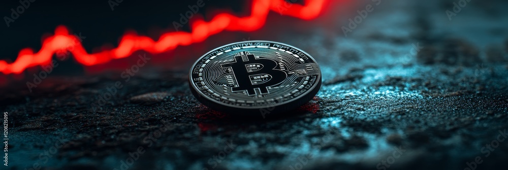 Poster bitcoin cryptocurrency coin laying on rough surface with red stock market chart in background losing