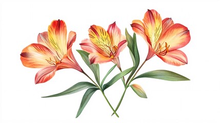 Vibrant orange and yellow flowers with delicate green leaves elegantly arranged on a white background.