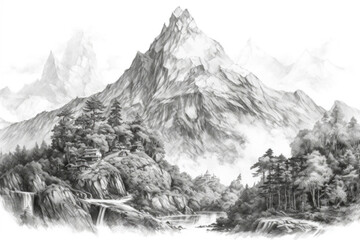 mountain landscape, black and white drawing, antique engraving, illustration., watercolor style, Generative AI