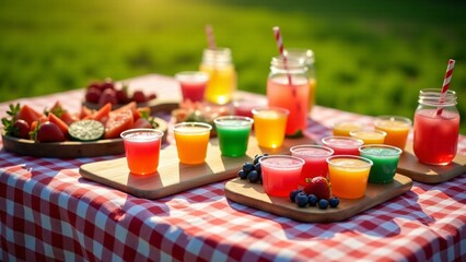 A vibrant outdoor picnic with Jell-O desserts served in individual portions, surrounded by fresh fruits and vintage-style picnic decor. The setting features a cheerful, natural atmosphere with soft su