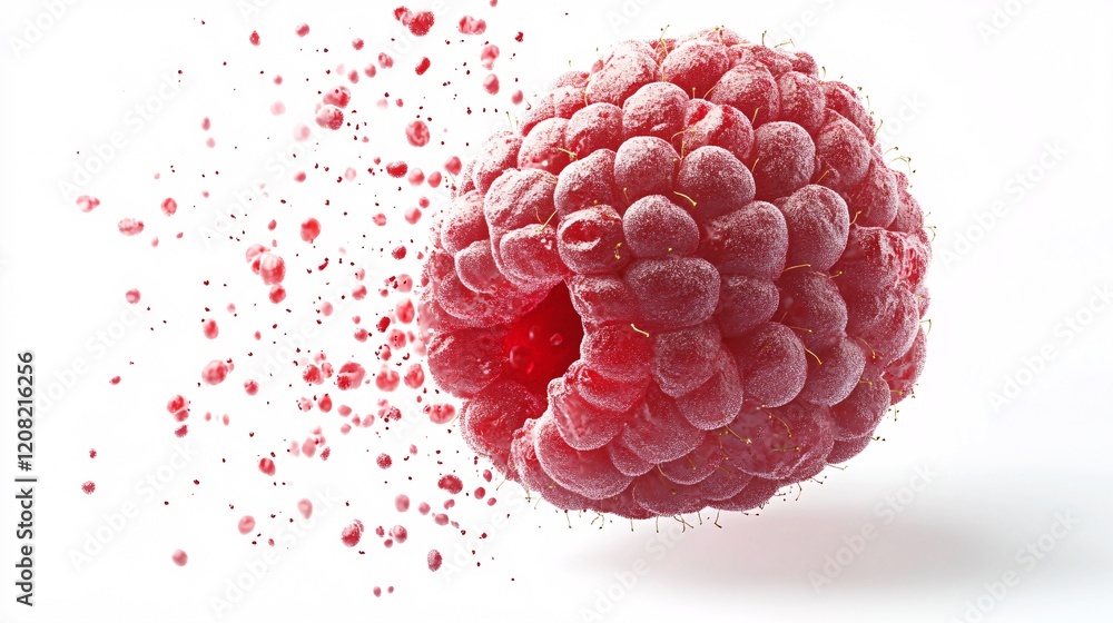 Poster close-up of a fresh, vibrant red raspberry exploding into tiny droplets against a white background.