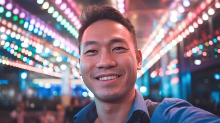 Fototapeta premium A cheerful Asian man smiles brightly in front of vibrant, multicolored lights at a festive event, creating a lively ambiance.
