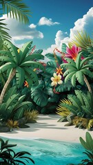 Fototapeta premium Tropical wallpaper, Tropic trees and leaves, wallpaper design for digital printing- 3d illustration