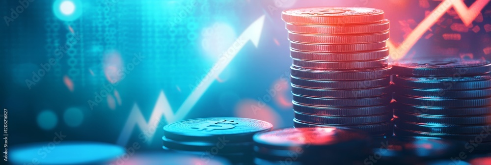 Poster Stacks of bitcoins symbolize growing investment in cryptocurrency with increasing value, against a background of binary code and rising graphs