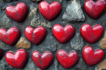 Obraz premium Twelve shiny red hearts arranged on a stone background creating a romantic atmosphere, perfect for valentine's day projects and celebrating love