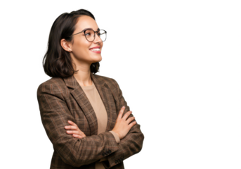 A confident woman with glasses, wearing a brown plaid blazer and a beige shirt, arms crossed isolated on transparent background