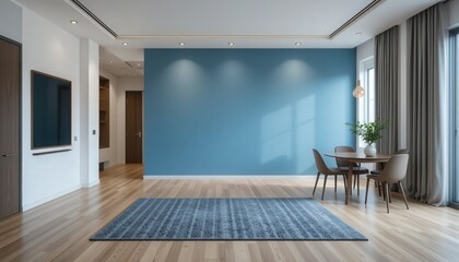 Natural light floods the spacious living area, highlighting the soothing blue wall and elegant furnishings