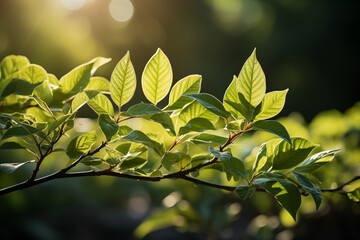 Fototapeta premium A close-up of vibrant green leaves unfurling on a branch, with soft sunlight streaming through