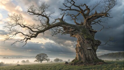 Fototapeta premium Ancient Oak at Dawn Dramatic Landscape Photography, Wide Composition, Misty Field, Dark Clouds. Landscape Photography, Nature Photography