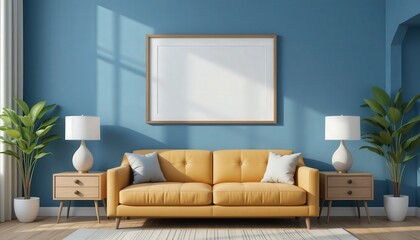 A vibrant living room features a cheerful yellow sofa set against a calming blue wall. Lush plants and stylish lamps complement the modern decor, creating a warm and inviting space