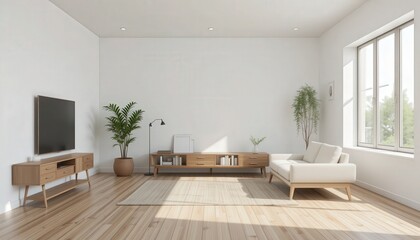 Sunlight floods a spacious modern living room featuring a sleek white sofa, wooden furniture, and lush greenery. The minimalist design evokes tranquility and warmth