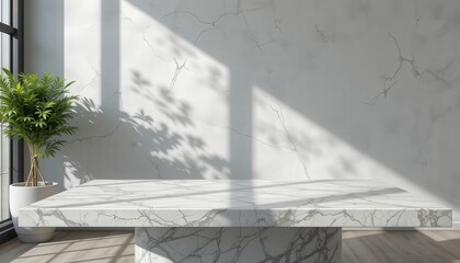 Sunlight streams through large windows, creating intricate patterns on a sleek marble table. A flourishing plant in a pot adds a touch of nature to the contemporary setting