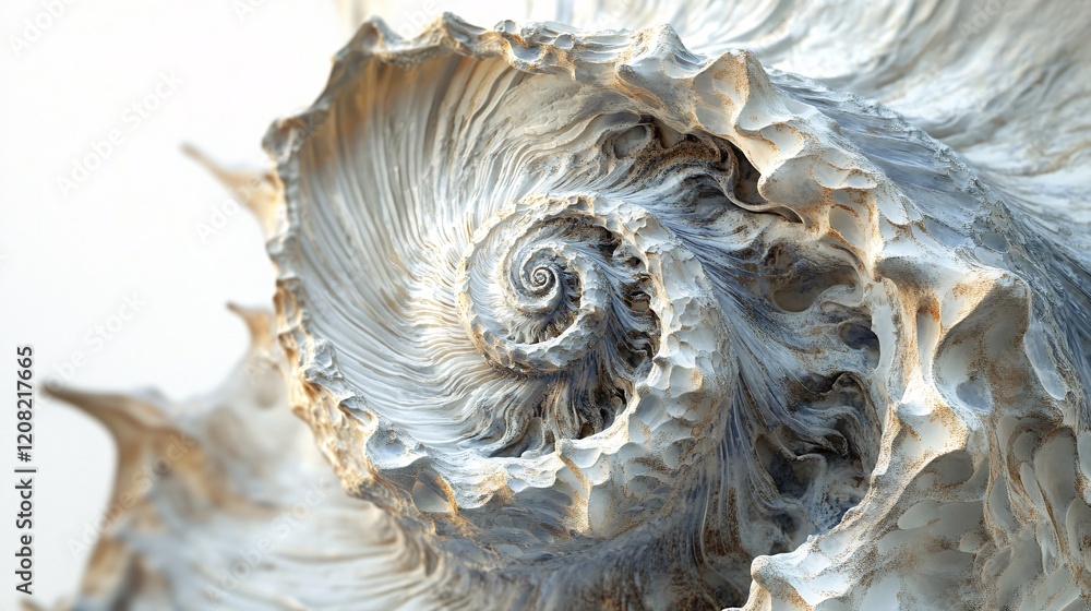 Poster a close-up of a beautifully intricate seashell displaying natural patterns and textures in soft beig