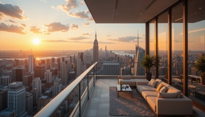 As the sun sets, a warm glow lights up the New York City skyline. A luxurious balcony showcases sleek furniture while the Empire State Building stands proudly in the distance