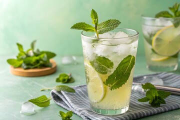 Fototapeta premium green lemonade with ice and mint