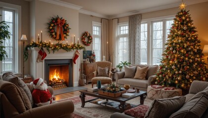 Fototapeta premium Richly decorated with a tall Christmas tree and stockings hung by the mantel, the living room radiates warmth and seasonal cheer on a chilly evening
