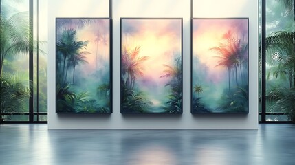 Serene Tropical Triptych Sunrise Palm Trees Fog