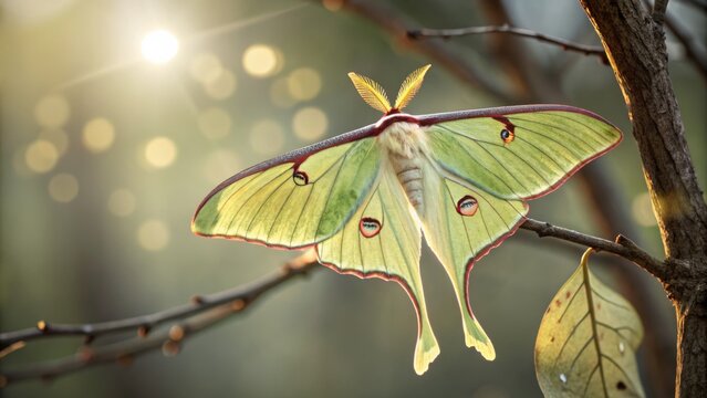 Golden Hour Luna Moth Macro Photography Composition, Nature Concept, Insect Details Luna Moth, Macro Photography