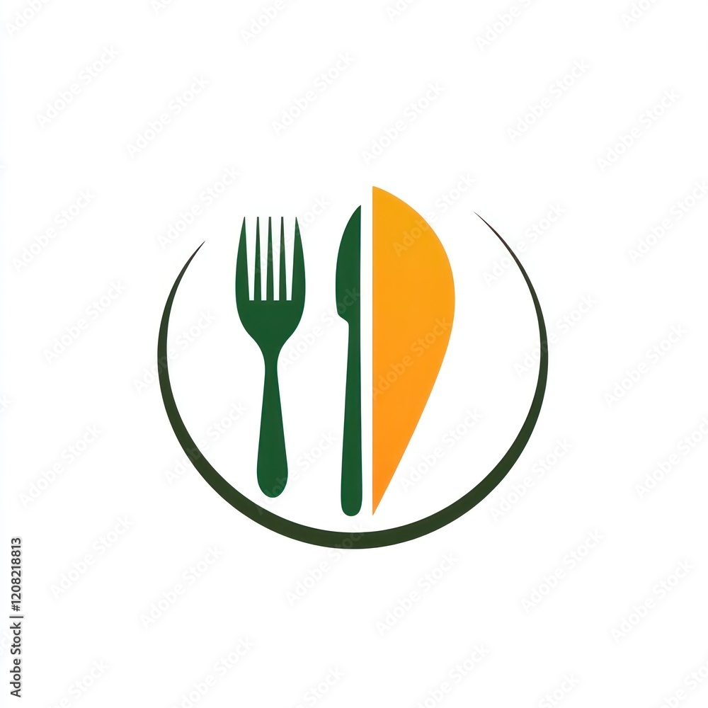 Poster fork and knife in a circle with a yellow shape for dining location finding, for a restaurant app