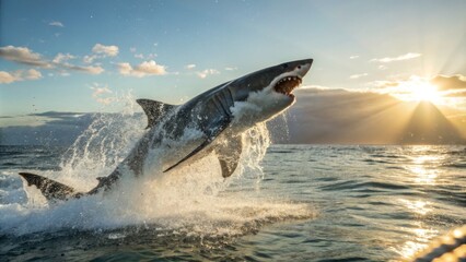 Fototapeta premium Great White Shark Leaping at Sunset Dynamic Composition, Ocean Splash, Dramatic Lighting, Wildlife Photography, Shark Behavior Great White Shark, Wildlife Photography