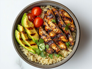 Clean and healthy quinoa bowl with avocado, tomato, and grilled chicken on a white background.