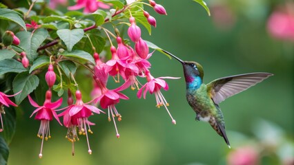 Naklejka premium Hummingbird Feeding on Fuchsia Close-up Composition, Vibrant Colors, Nature Photography, Hummingbird, Fuchsia Hummingbirds, Pollination