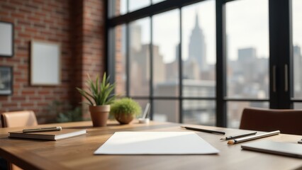 A4 Paper Mockup in Office Setting, Workspace brick walls skyline A4 mockup with creative tools photorealistic.