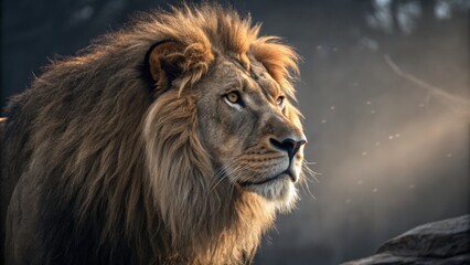 Fototapeta premium Majestic Lion Portrait Golden Hour Lighting, Close-up Composition, King of the Jungle Concept,Wildlife Photography,Animal Portrait Lion,Wildlife photography