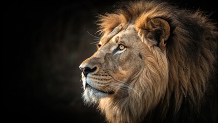 Fototapeta premium Majestic Lion Profile Golden Hour Lighting, Close-Up Composition, King of the Jungle Concept, Wildlife Photography Lion, Wildlife Photography
