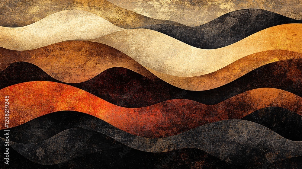 Poster abstract waves in warm earthy tones create a dynamic visual rhythm, evoking a sense of movement and 