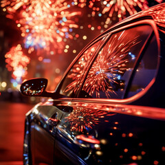 Close-up of a car reflecting colorful fireworks in its window, capturing a festive and celebratory nighttime atmosphere.
