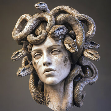 Close-up of a Medusa statue featuring lifelike snake details in her hair, a mythological theme, and a striking expression.
