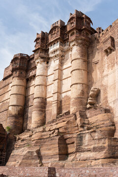 Ancient facade of city fort of Jodhpur on a sunny day in Rajasthan, India
